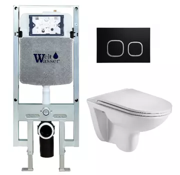 Комплект унитаза WeltWasser Baarbach 004 с инсталляцией AMBERG 497 ST белый, с сиденьем микролифт и клавишей смыва AMBERG RD-BL черный матовый