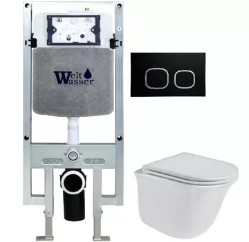 Комплект унитаза WeltWasser Telbach 004 с инсталляцией AMBERG 497 ST белый, с сиденьем микролифт и клавишей смыва AMBERG RD-BL черный матовый