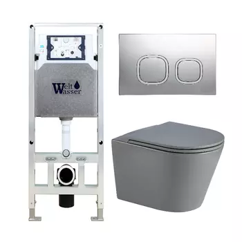 Комплект унитаза WeltWasser Salzbach 041 c инсталляцией AMBERG 506 серый матовый, с сиденьем микролифт и клавишей смыва AMBERG RD-MT CR хром матовый