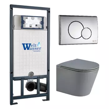 Комплект унитаза WeltWasser Salzbach 041 c инсталляцией MARBERG 507 серый матовый, с сиденьем микролифт и клавишей смыва MAR 507 RD хром