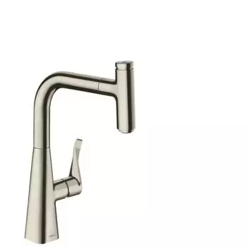 Кухонный смеситель hansgrohe Metris Select M71, однорычажный, 240, с вытяжным изливом, 1jet, sBox, 73802800, под сталь