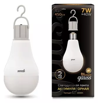 Лампа светодиодная аккумуляторная Gauss E27 7W 3000K матовая 102402107