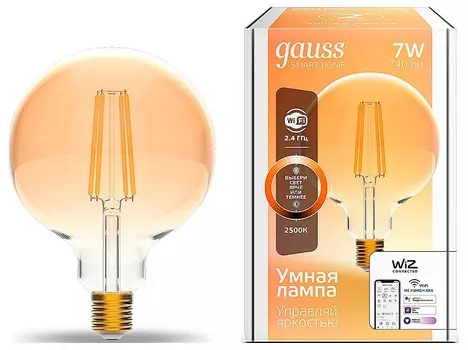 Лампа светодиодная диммируемая филаментная Gauss Smart Home Filament E27 7W 2500K золотистая 1320112