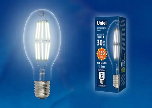 Лампа светодиодная филаментная Uniel E40 30W 6500K прозрачная LED-ED90-30W/DW/E40/CL GLP05TR UL-00003761
