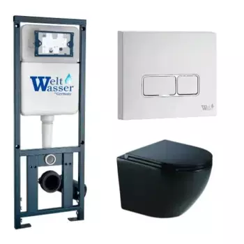 Комплект унитаза WeltWasser Merzbach 043 с инсталляцией MARBERG 410 черный глянцевый, с сиденьем микролифт и клавишей смыва MAR 410 SE GL-WT белый