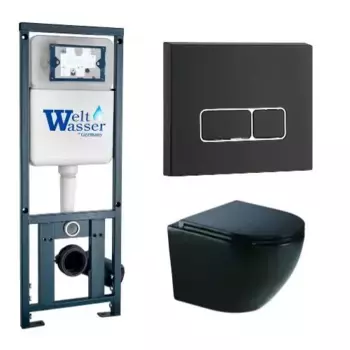 Комплект унитаза WeltWasser Merzbach 043 с инсталляцией MARBERG 410 черный глянцевый, с сиденьем микролифт и клавишей смыва MAR 410 SE MT-BL черный матовый