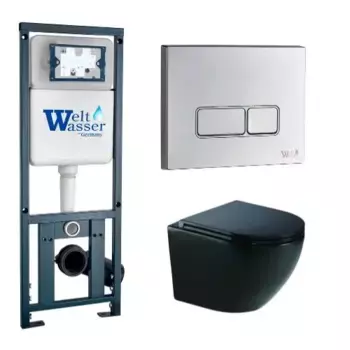 Комплект унитаза WeltWasser Merzbach 043 с инсталляцией MARBERG 410 черный глянцевый, с сиденьем микролифт и клавишей смыва MAR 410 SE-CR хром