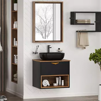 Мебель для ванной комнаты Brevita Bergen 60 подвесная, с подсветкой, дуб галифакс олово, черный