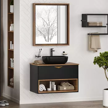 Мебель для ванной комнаты Brevita Bergen 80 подвесная, с подсветкой, дуб галифакс олово, черный