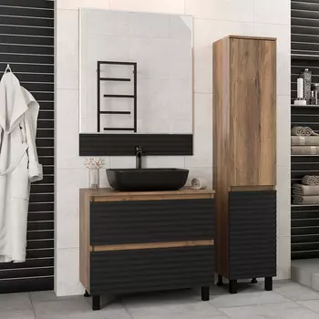 Мебель для ванной комнаты Brevita Dakota 80 напольная, дуб галифакс олово, черный кварц