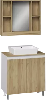 Мебель для ванной комнаты DIWO Кострома 80 напольная, дуб крафт, столешница дуб крафт, раковина Архангельск 50, зеркало Кострома