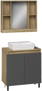 Мебель для ванной комнаты DIWO Кострома 80 напольная, антрацит, столешница дуб крафт, раковина Архангельск 50, зеркало Кострома