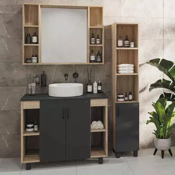 Мебель для ванной комнаты Grossman Флай 100 со столешницей, дуб сонома, серая