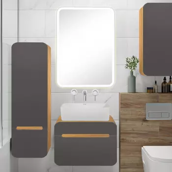 Мебель для ванной комнаты Runo Ницца 60 дуб натуральный, графит, раковина Tre 50