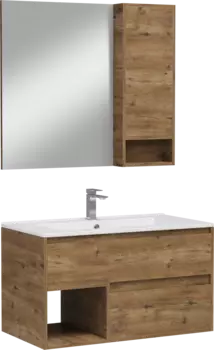 Мебель для ванной комнаты STWORKI Карлстад 90 дуб рустикальный, в стиле лофт, под дерево, подвесная, со смесителем (гарнитур, комплект)