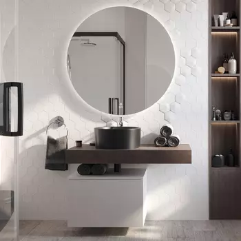 Мебель для ванной STWORKI Ольборг 100 столешница дуб карпентер, без отверстий, с тумбой 60, с раковиной BOCCHI Vessel черной