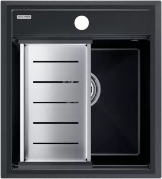 Мойка кухонная Paulmark Stepia PM114651-BLM+A375-BS с коландером, черный металлик