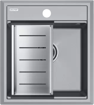 Мойка кухонная Paulmark Stepia PM114651-GRM+A375-BS с коландером, серый металлик