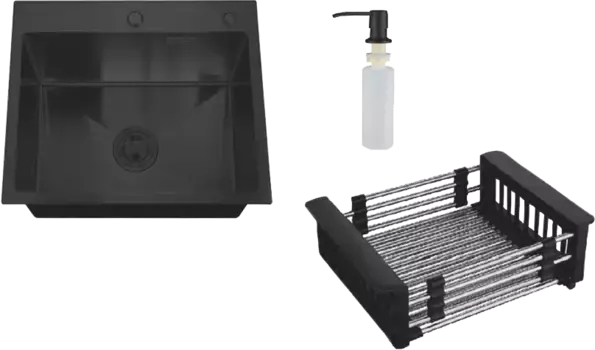Мойка кухонная РМС 50х50 c корзиной и дозатором черный - серый матовый