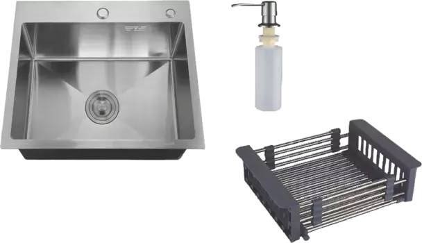 Мойка кухонная РМС 50х50 c корзиной и дозатором сталь матовый