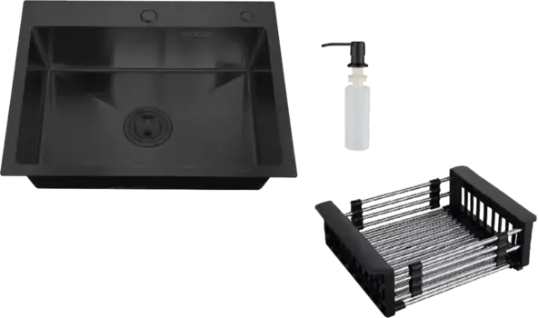 Мойка кухонная РМС 58х43 c корзиной и дозатором черный - серый матовый