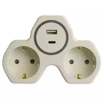 Разветвитель сетевой 2-местный с/з STEKKER ADP16-15-20, 250V, 16A и USB+Type C на 2.4А, белый/серый