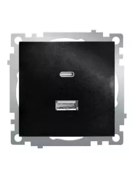 Розетка 2-местная USB + type C (механизм), STEKKER GLS10-7116-05, 250B, 3А, серия Катрин, черный 50055