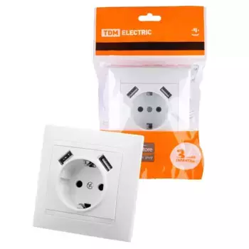 Розетка 2P+PE/2хUSB TDM Electric Лама белая SQ1815-0042