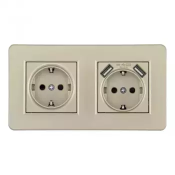 Розетка двойная (двухпостовая) с/з и шторками + USB Arte Milano SET16-2-47-1-40-1 shampan