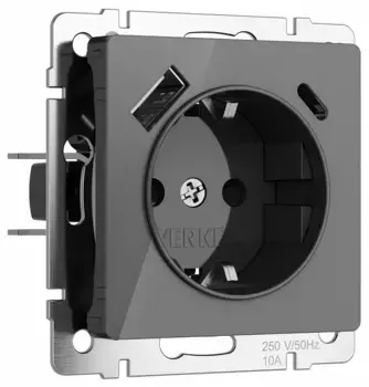 Розетка с заземлением и с шторками и 2хUSB, без рамки Werkel Графит акрил W1171744