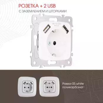 Розетка с заземлением, шторками + 2 USB Arte Milano 205.47-1.white