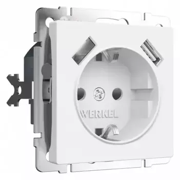 Розетка с заземлением, шторками и 2хUSB, без рамки Werkel белый матовый W1171561
