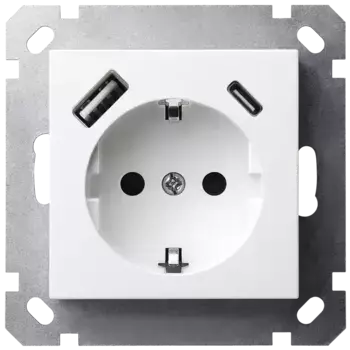 Розетка SHUKO Jasmart с USB тип A-C с защитными шторками 25W 16A 250V 2P+T белый глянцевый G5501USB-25W