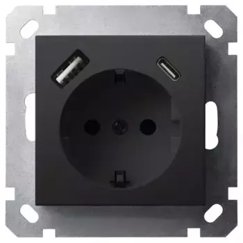 Розетка SHUKO Jasmart с USB тип USB A-C с защитными шторками черный матовый (soft touch) 25W 16A 250V 2P+T G5501USB-25PB