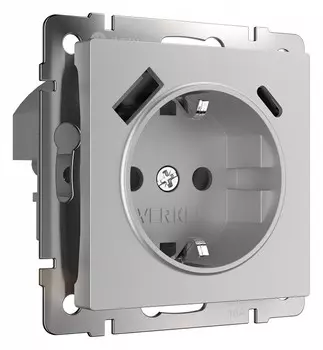 Розетка Werkel с быстрой зарядкой USB Type A+С серебристая W1171706 4690389176432