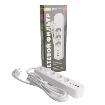 Сетевой фильтр 3-местный с/з STEKKER 3x1мм2, 1,8 м, 250В, 16А, 2 USB-A+2 Type-C, серия Nova, белый