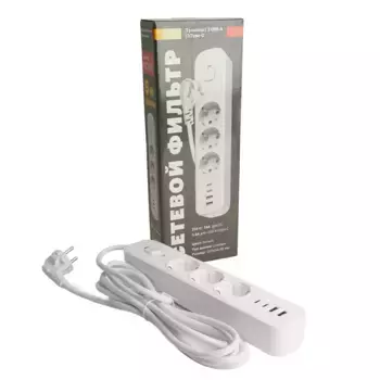 Сетевой фильтр 3-местный с/з STEKKER 3x1мм2, 5 м, 250В, 16А, 2 USB-A+2 Type-C 3, серия Nova, белый