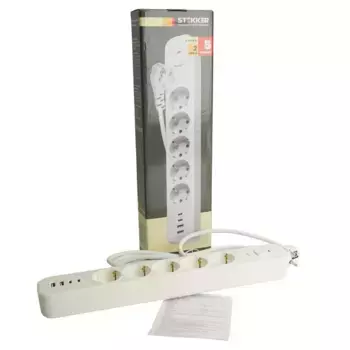 Сетевой фильтр 5-местный с/з STEKKER 3x1мм2, 5 м, 250В, 16А, 2 USB-A+2 Type-C 3, серия Nova, белый