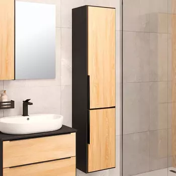 Шкаф пенал для ванной Runo Мальта подвесной, дуб, черный R