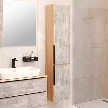 Шкаф пенал для ванной Runo Мальта подвесной, дуб, серый R