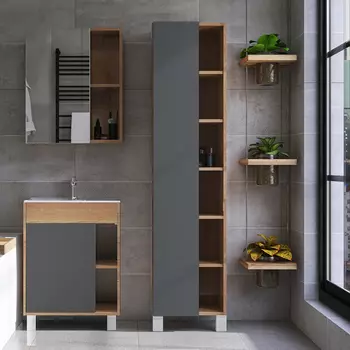 Шкаф пенал для ванной VIANT Бостон напольный, дуб вотан, графит