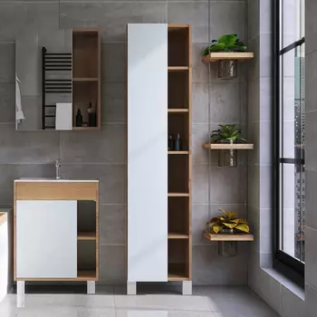 Шкаф пенал для ванной VIANT Бостон напольный, дуб вотан, белый