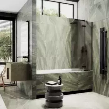 Шторка на ванну поворотная MaybahGlass 140х99 профиль черный, стекло бронза матовая