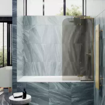 Шторка на ванну поворотная с добором MaybahGlass 69х140 профиль золото матовое, стекло бронза матовое