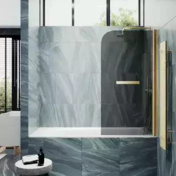 Шторка на ванну поворотная с полотенцедержателем MaybahGlass 140х50 профиль золотой, стекло графит