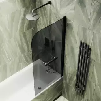 Шторка на ванну поворотная с полотенцедержателем MaybahGlass 140х40 профиль черный, стекло графит