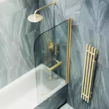 Шторка на ванну поворотная с полотенцедержателем MaybahGlass 140х70 профиль золотой, стекло сатин