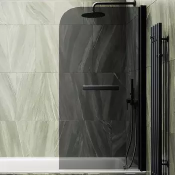 Шторка на ванну поворотная с полотенцедержателем MaybahGlass 140х70 профиль черный, стекло графит
