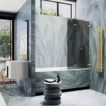 Шторка на ванну складная MaybahGlass 140х75 профиль золотой, стекло графит матовый