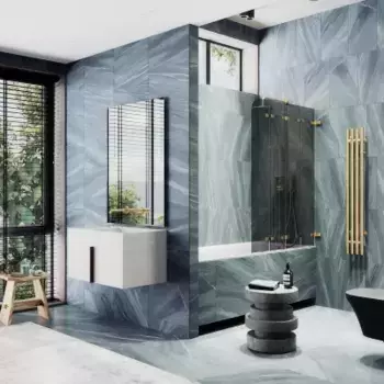 Шторка на ванну складная MaybahGlass 140х98 профиль золотой, стекло графит